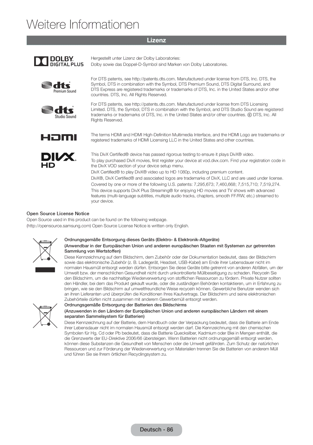 Samsung LT22E390EW/EN, LT24E390EW/EN manual Lizenz, Open Source License Notice 