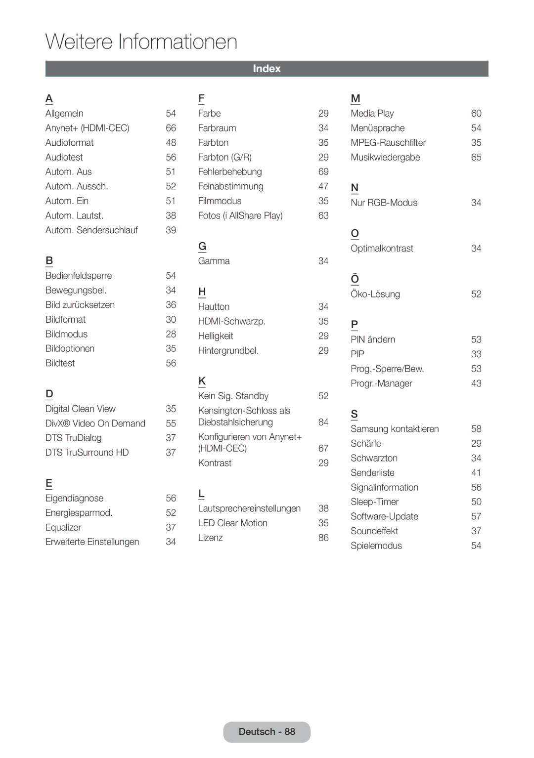 Samsung LT22E390EW/EN manual Index, 47 N, 35 P, Erweiterte Einstellungen, Kensington-Schloss als Diebstahlsicherung 