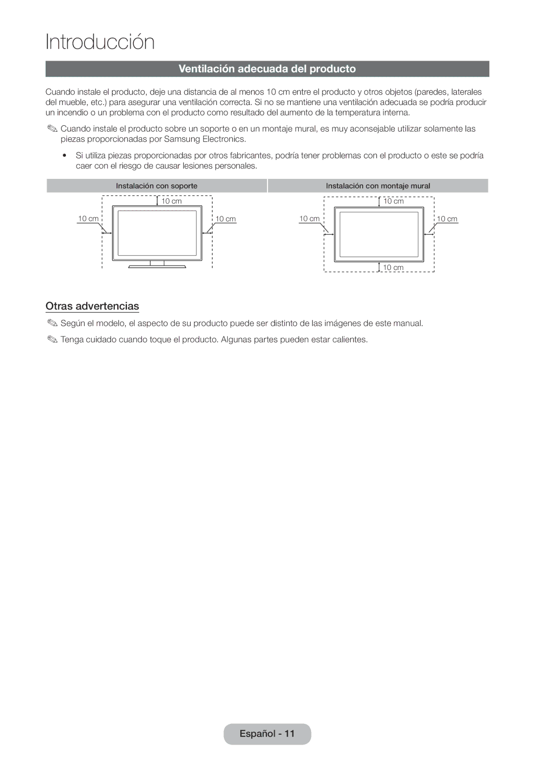 Samsung LT24E390EW/EN, LT22E390EW/EN manual Ventilación adecuada del producto, Otras advertencias 