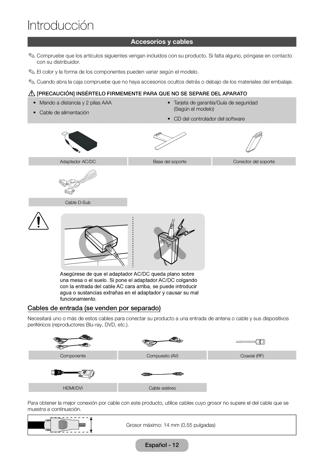 Samsung LT22E390EW/EN, LT24E390EW/EN manual Accesorios y cables, Cables de entrada se venden por separado 