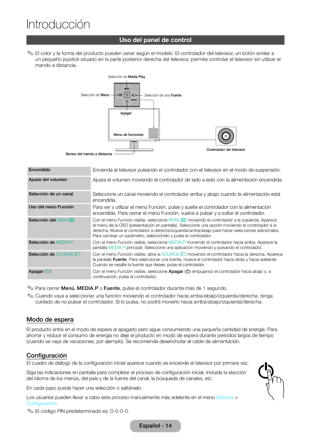 Samsung LT22E390EW/EN, LT24E390EW/EN manual Uso del panel de control, Modo de espera, Configuración 