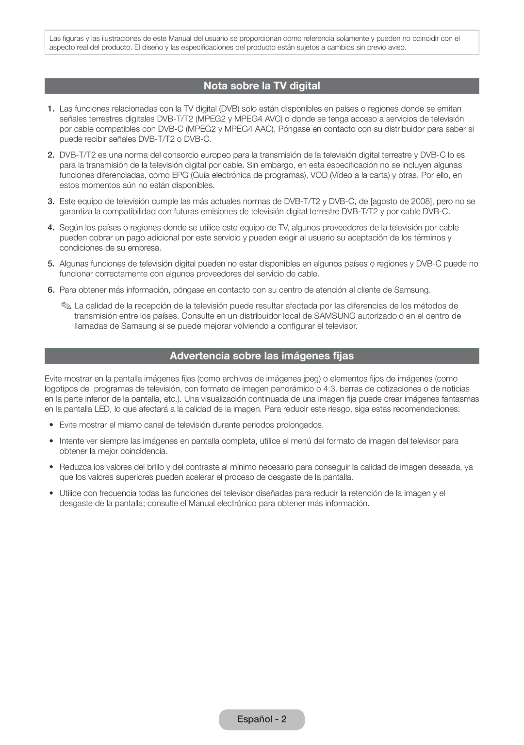 Samsung LT22E390EW/EN, LT24E390EW/EN manual Nota sobre la TV digital, Advertencia sobre las imágenes fijas 