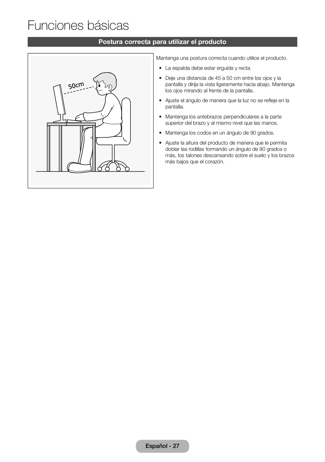 Samsung LT24E390EW/EN, LT22E390EW/EN manual Funciones básicas, Postura correcta para utilizar el producto 