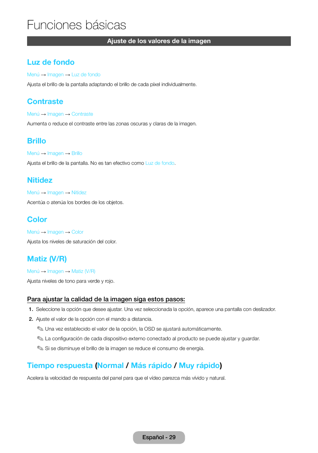 Samsung LT24E390EW/EN, LT22E390EW/EN manual Luz de fondo, Contraste, Brillo, Nitidez, Color, Matiz V/R 