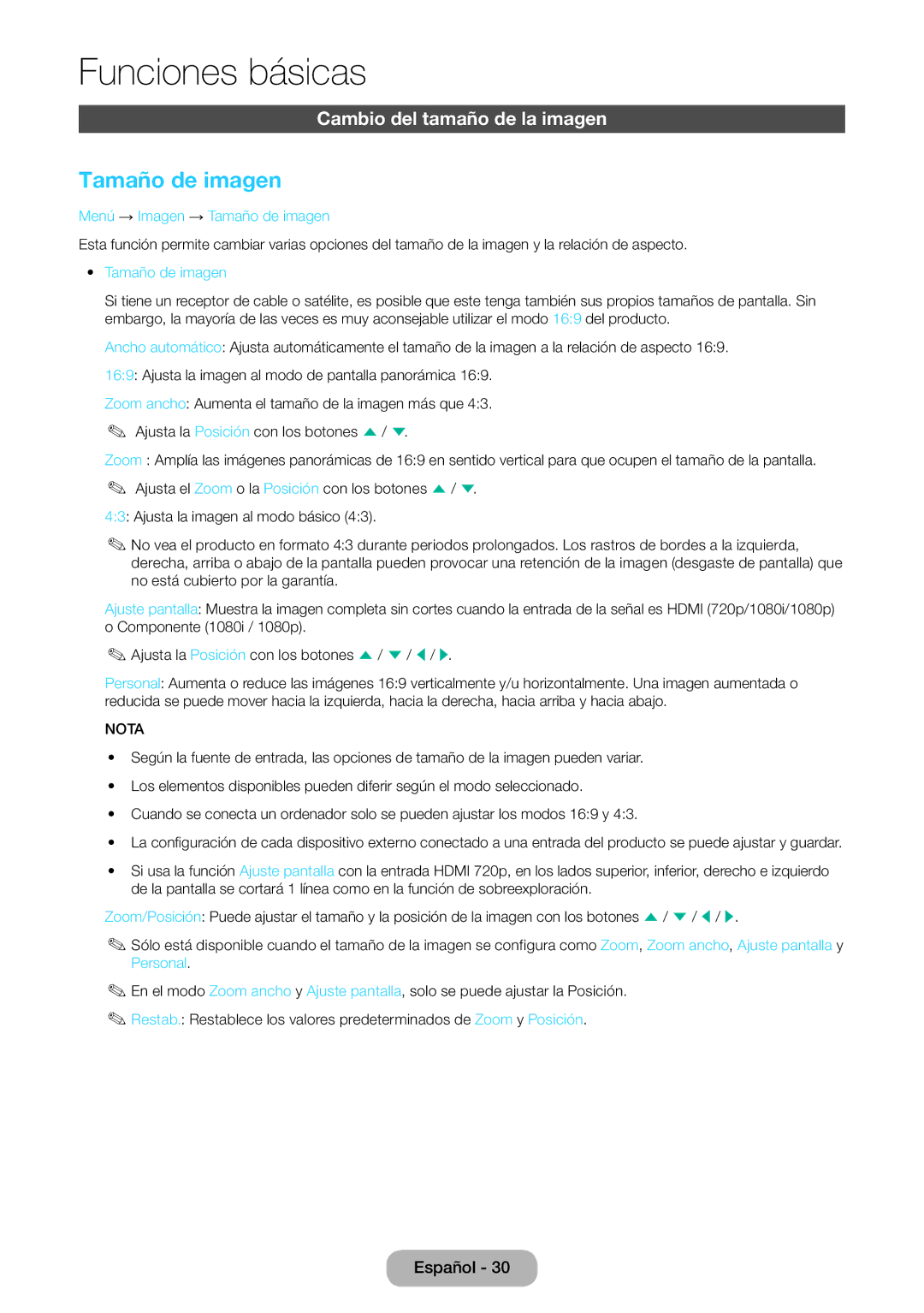 Samsung LT22E390EW/EN, LT24E390EW/EN manual Cambio del tamaño de la imagen, Menú → Imagen → Tamaño de imagen 