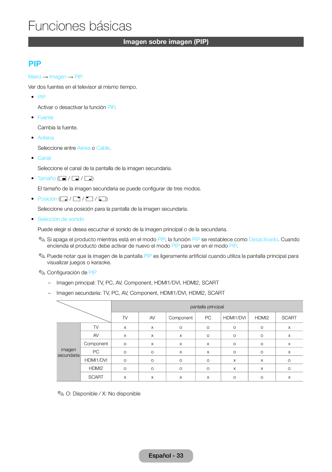 Samsung LT24E390EW/EN, LT22E390EW/EN manual Imagen sobre imagen PIP, Menú → Imagen → PIP, Antena, Canal, Selección de sonido 