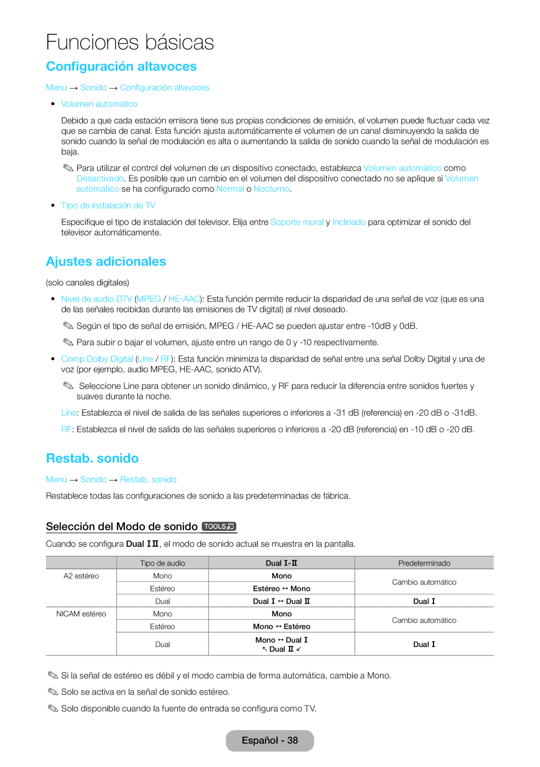 Samsung LT22E390EW/EN manual Configuración altavoces, Ajustes adicionales, Restab. sonido, Selección del Modo de sonido t 