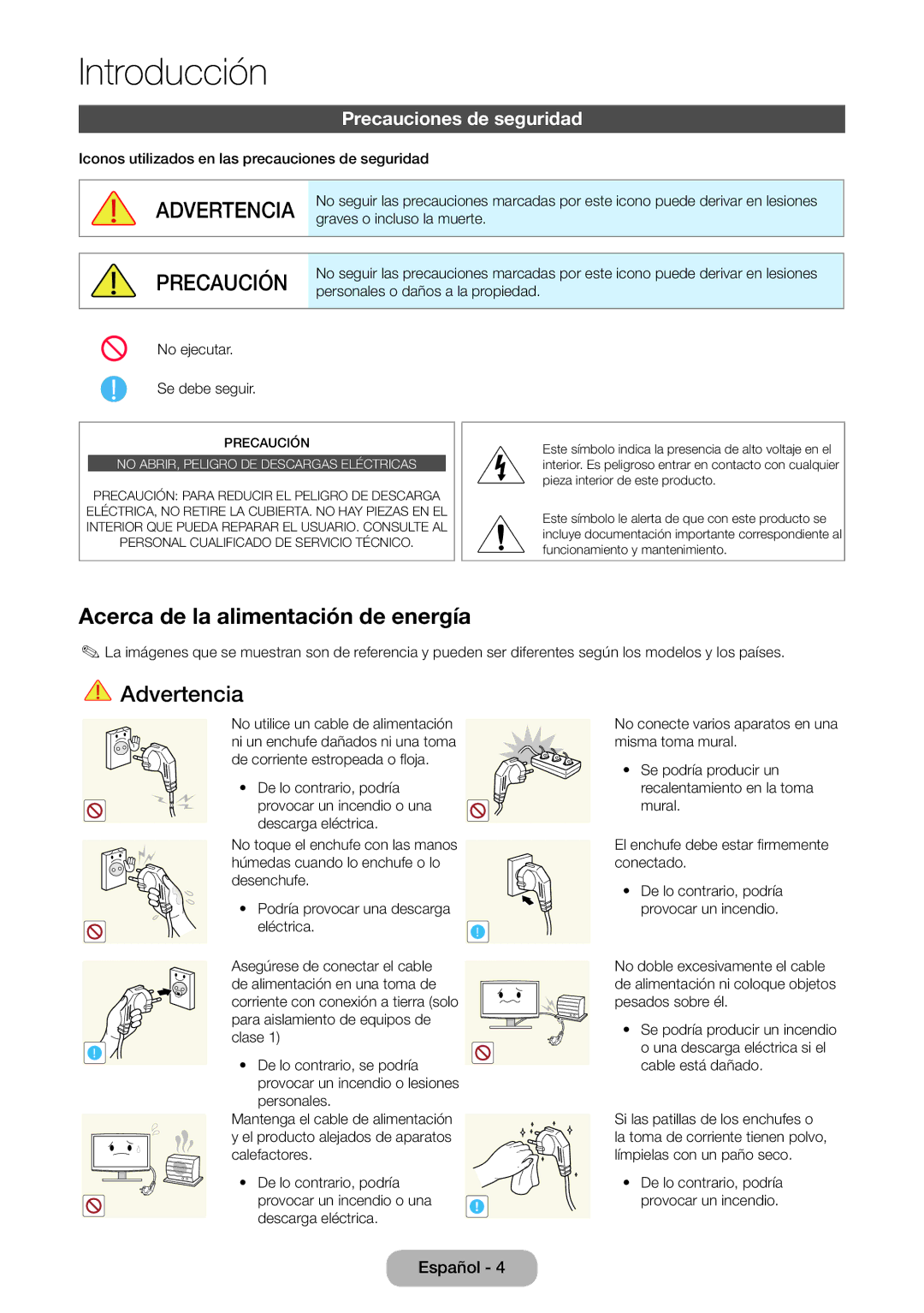 Samsung LT22E390EW/EN, LT24E390EW/EN manual Acerca de la alimentación de energía, Precauciones de seguridad 