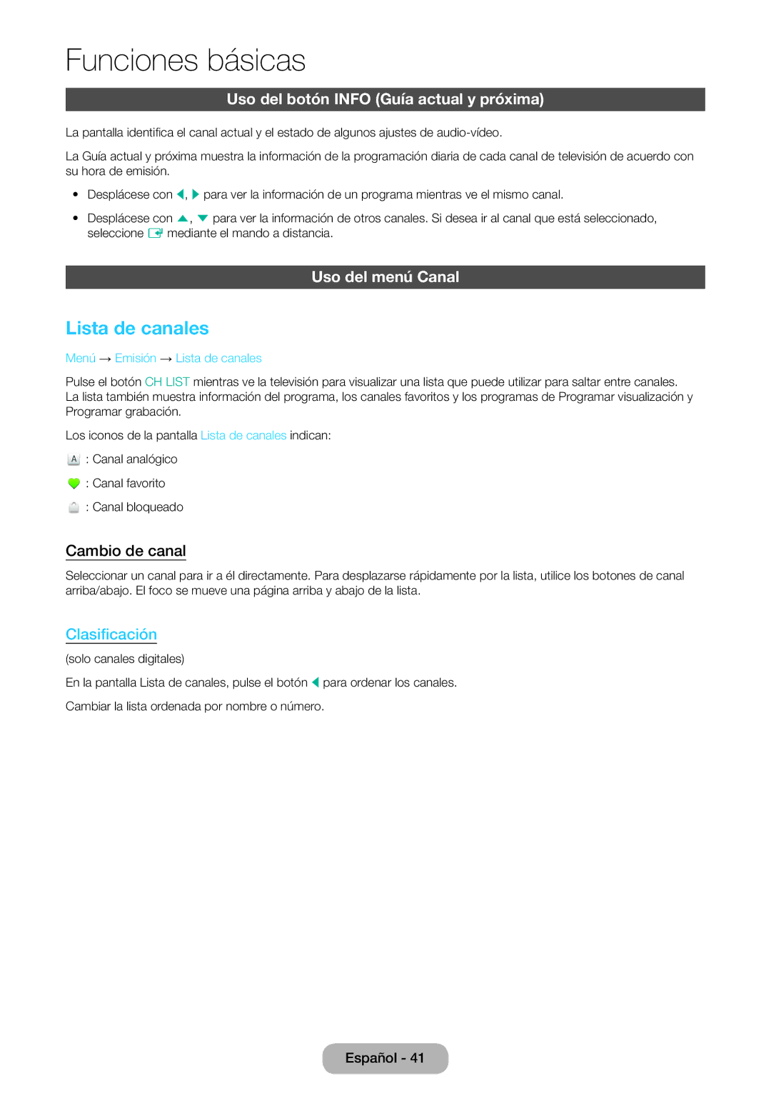 Samsung LT24E390EW/EN Lista de canales, Uso del botón Info Guía actual y próxima, Uso del menú Canal, Cambio de canal 