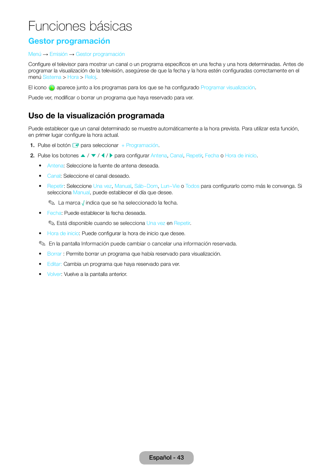 Samsung LT24E390EW/EN, LT22E390EW/EN manual Uso de la visualización programada, Menú → Emisión → Gestor programación 