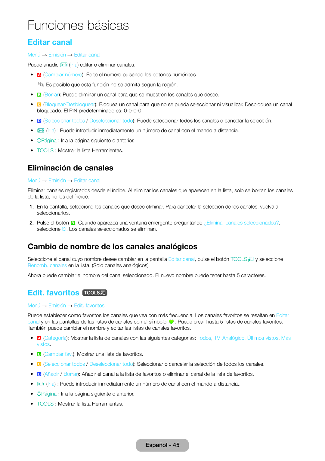 Samsung LT24E390EW/EN Editar canal, Eliminación de canales, Cambio de nombre de los canales analógicos, Edit. favoritos t 