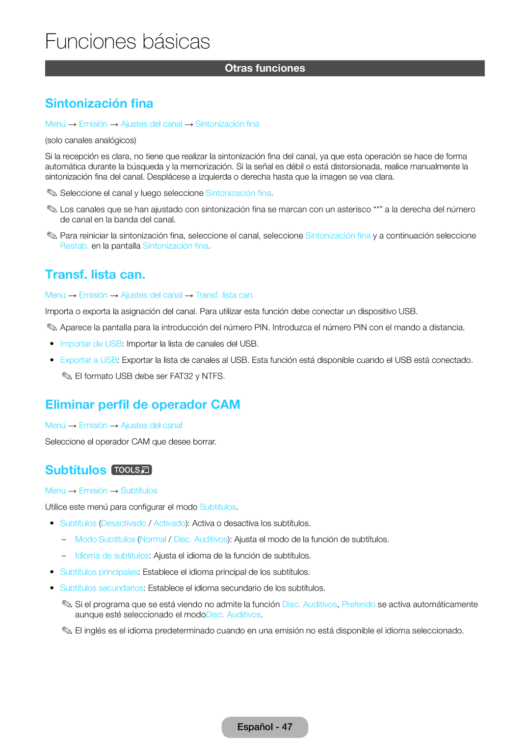 Samsung LT24E390EW/EN, LT22E390EW/EN Sintonización fina, Transf. lista can, Eliminar perfil de operador CAM, Subtítulos t 