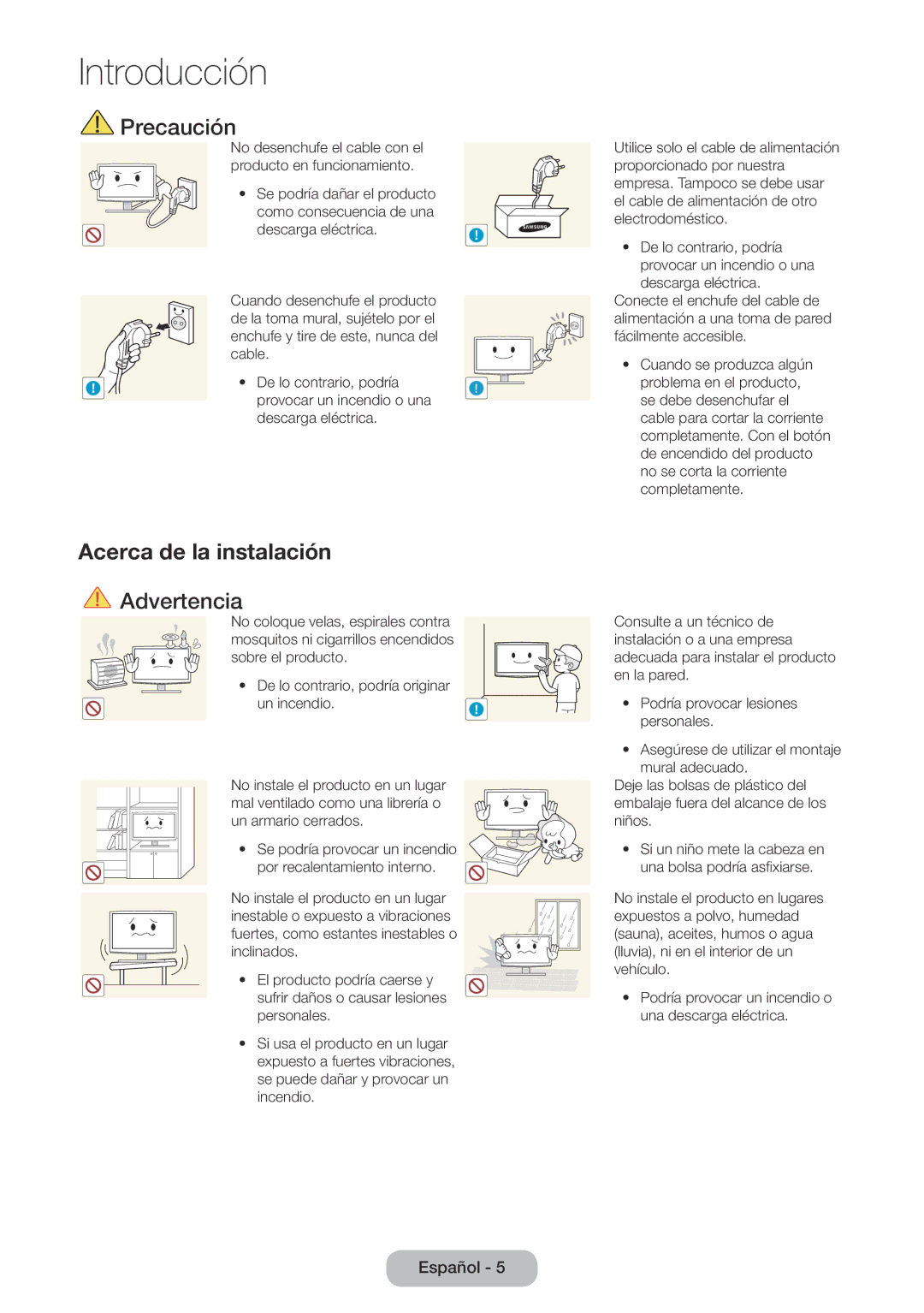 Samsung LT24E390EW/EN, LT22E390EW/EN manual Precaución, Acerca de la instalación 