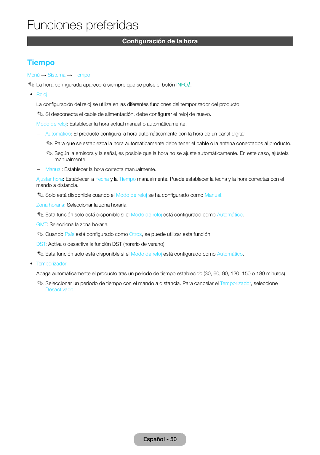 Samsung LT22E390EW/EN, LT24E390EW/EN manual Configuración de la hora, Menú → Sistema → Tiempo, Reloj, Temporizador 