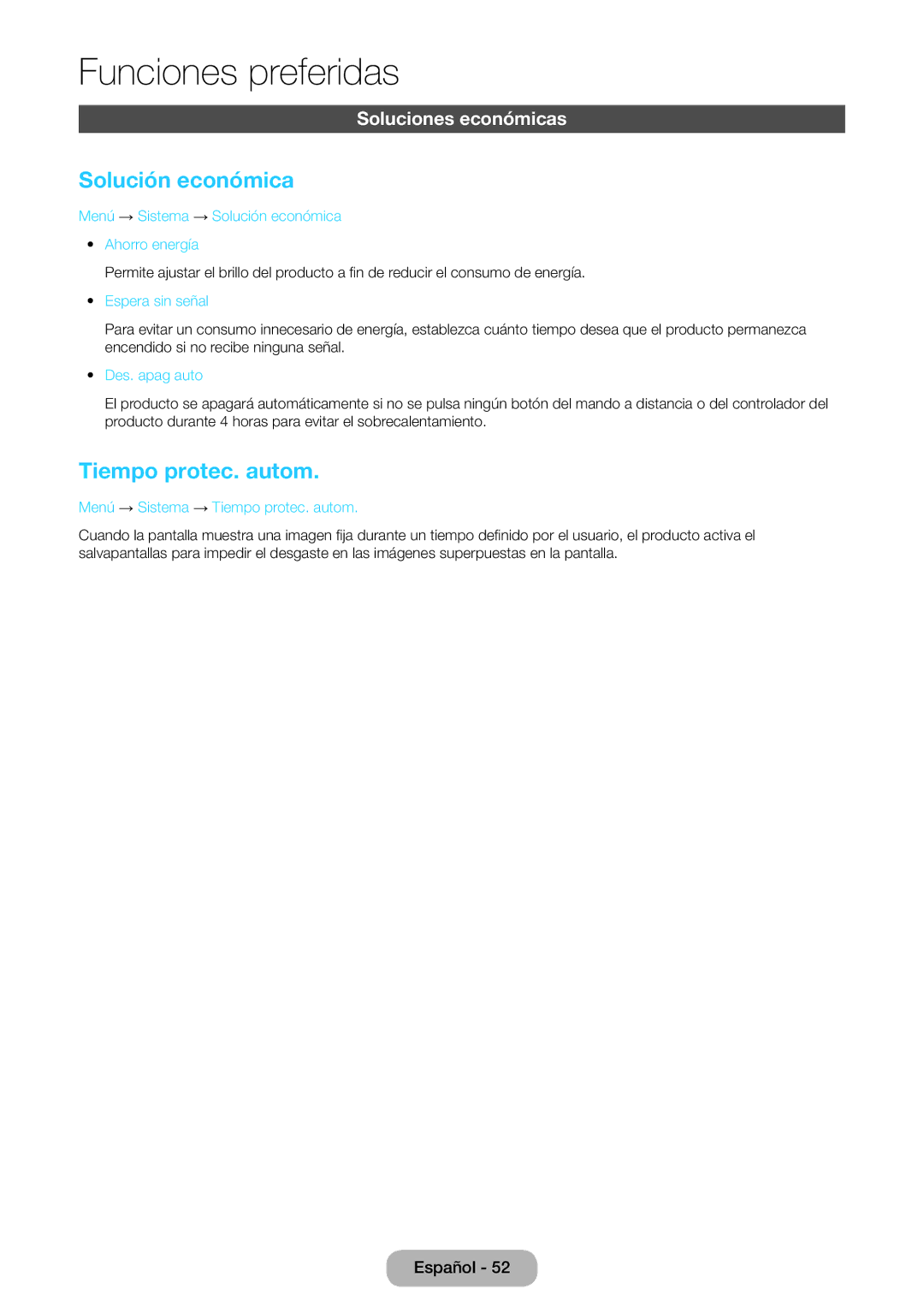 Samsung LT22E390EW/EN, LT24E390EW/EN manual Solución económica, Tiempo protec. autom, Soluciones económicas 