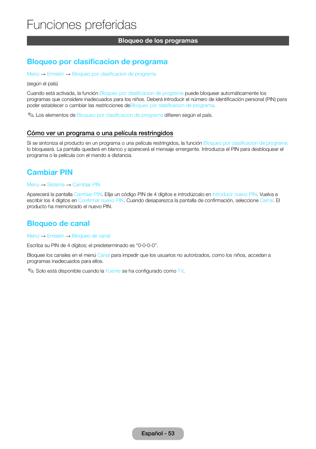 Samsung LT24E390EW/EN manual Bloqueo por clasificacion de programa, Cambiar PIN, Bloqueo de canal, Bloqueo de los programas 