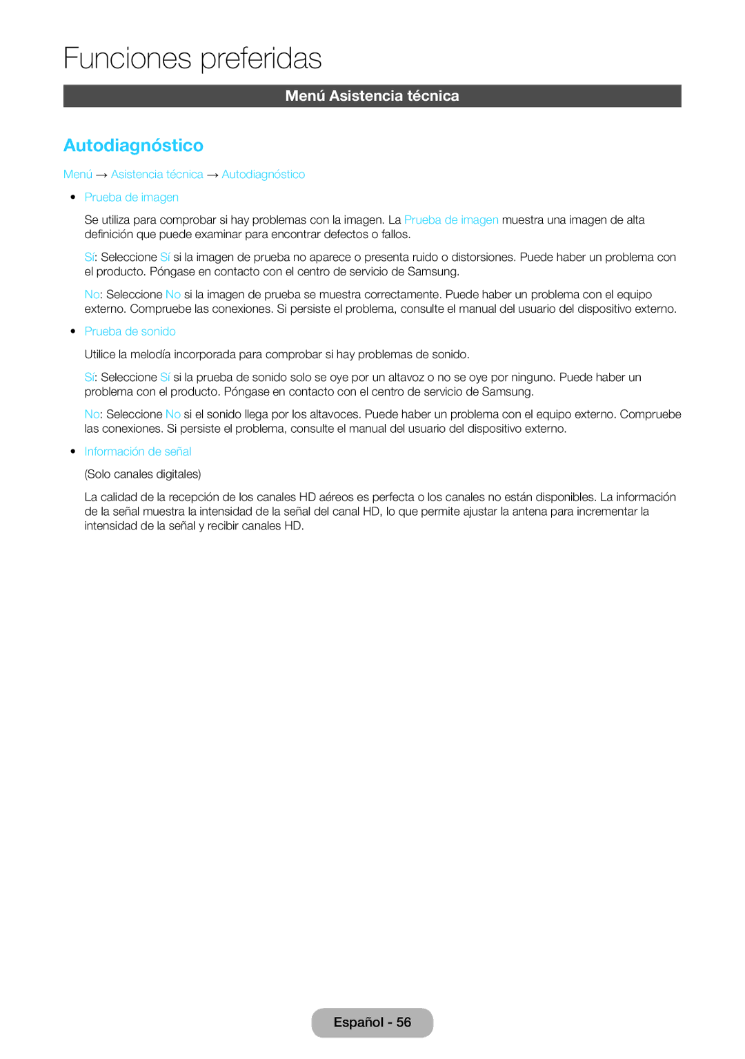 Samsung LT22E390EW/EN, LT24E390EW/EN manual Autodiagnóstico, Menú Asistencia técnica, Prueba de sonido 