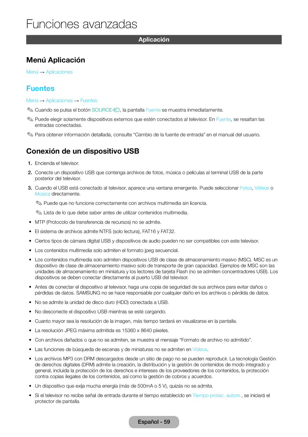 Samsung LT24E390EW/EN, LT22E390EW/EN manual Menú Aplicación, Fuentes, Conexión de un dispositivo USB 