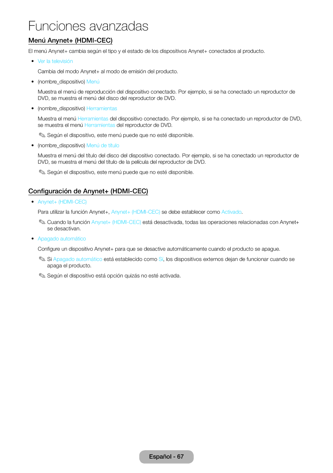 Samsung LT24E390EW/EN Menú Anynet+ HDMI-CEC, Configuración de Anynet+ HDMI-CEC, Ver la televisión, Apagado automático 