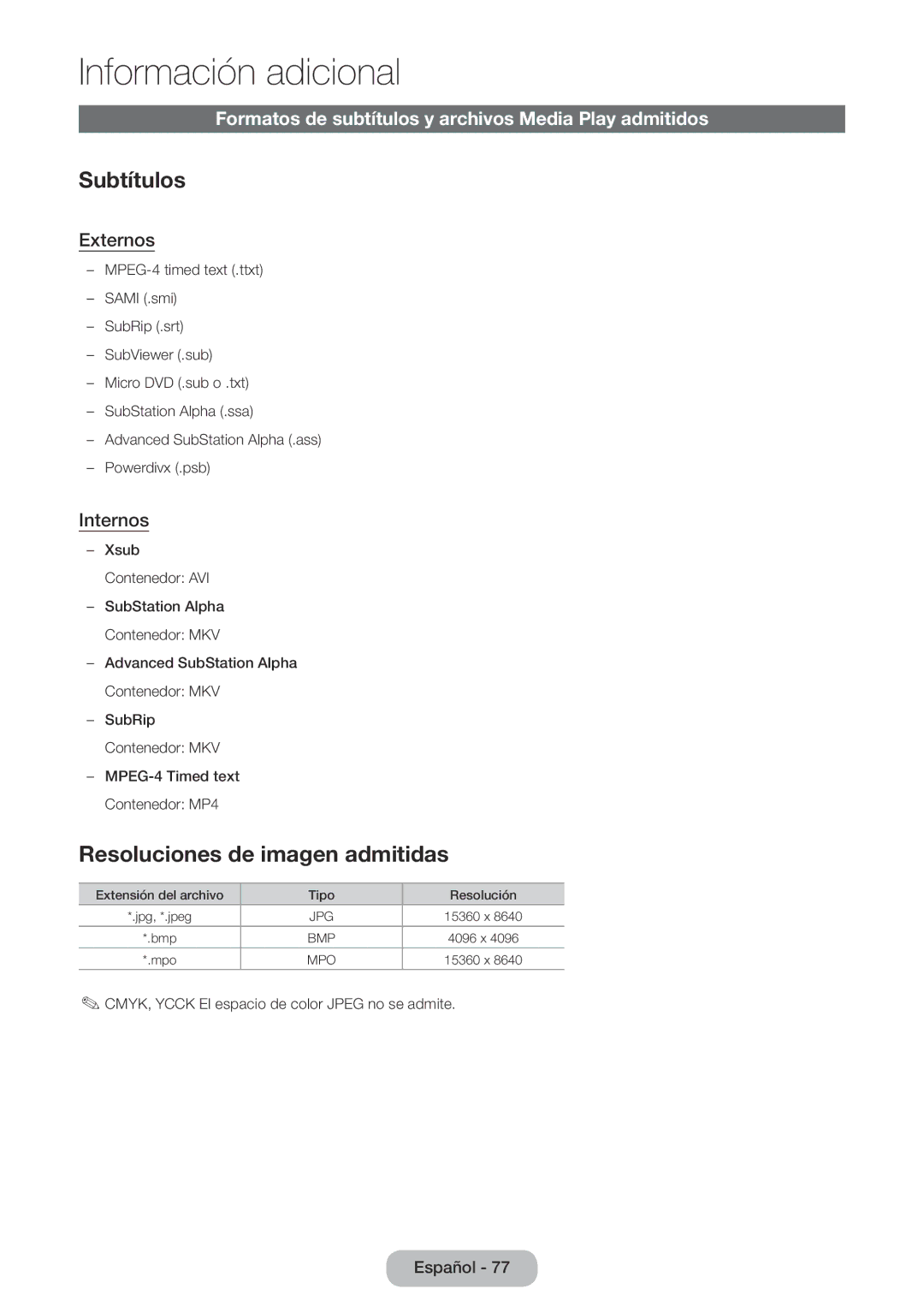 Samsung LT24E390EW/EN Subtítulos, Resoluciones de imagen admitidas, Formatos de subtítulos y archivos Media Play admitidos 