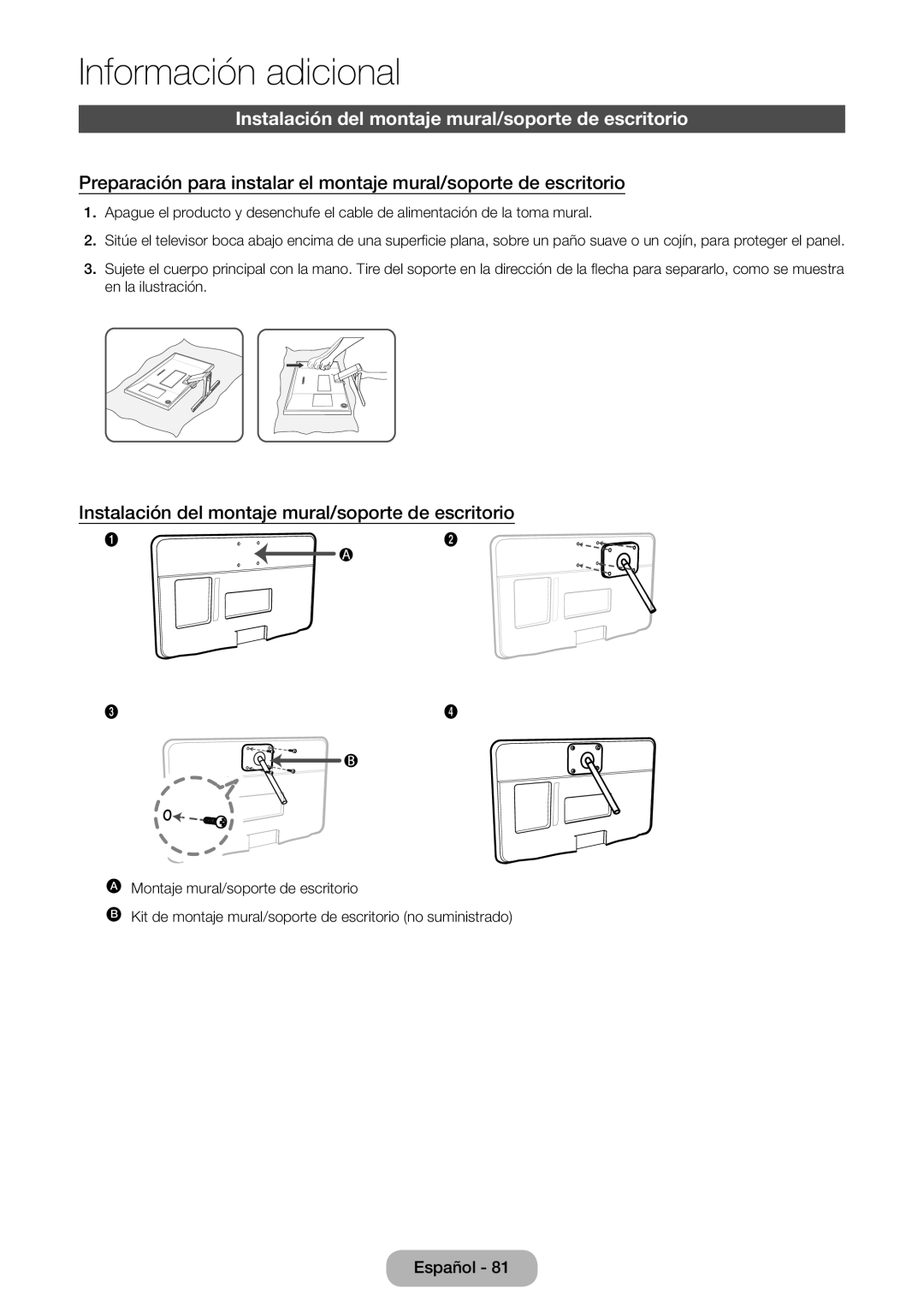 Samsung LT24E390EW/EN, LT22E390EW/EN manual Instalación del montaje mural/soporte de escritorio 