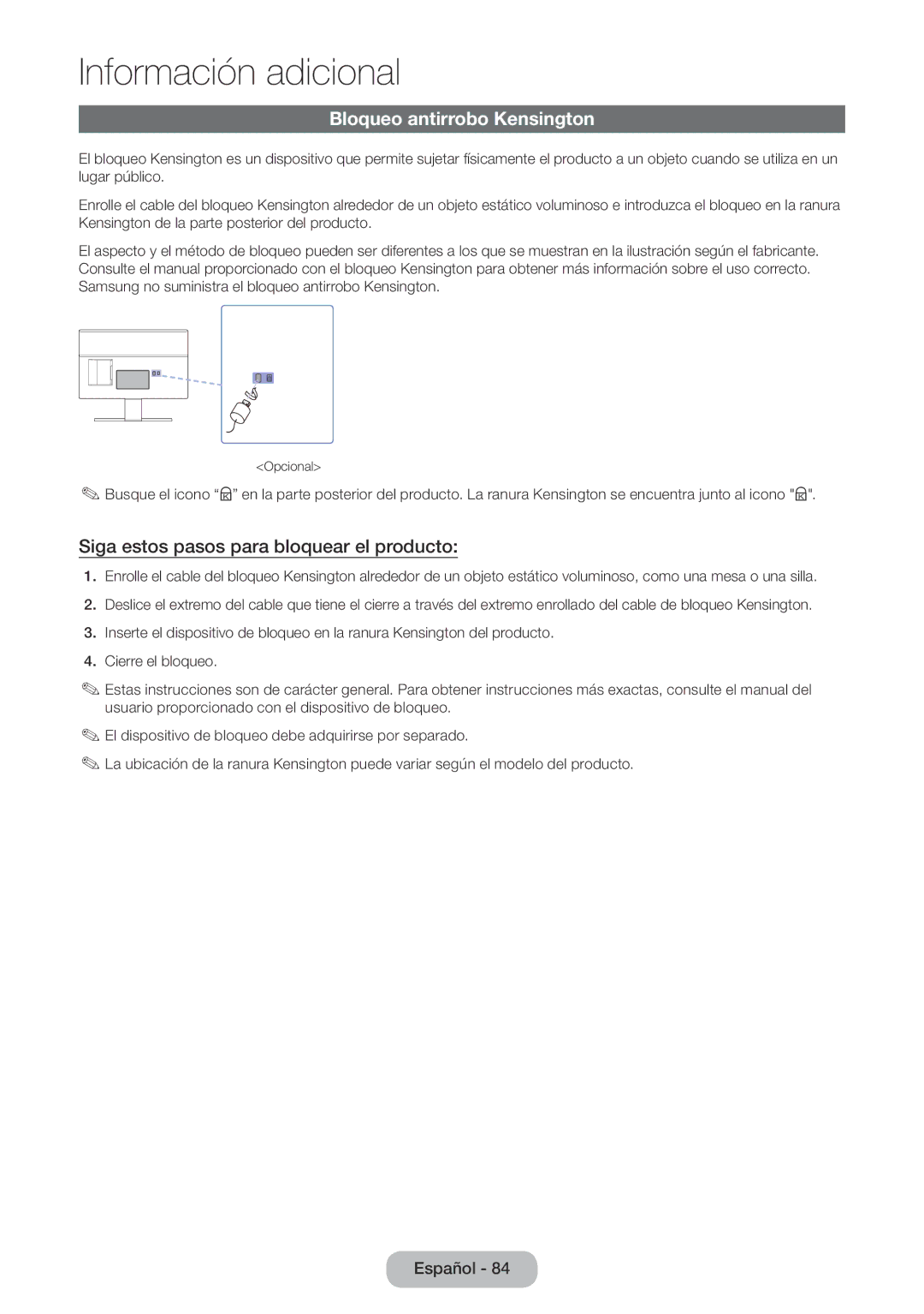 Samsung LT22E390EW/EN, LT24E390EW/EN manual Bloqueo antirrobo Kensington, Siga estos pasos para bloquear el producto 