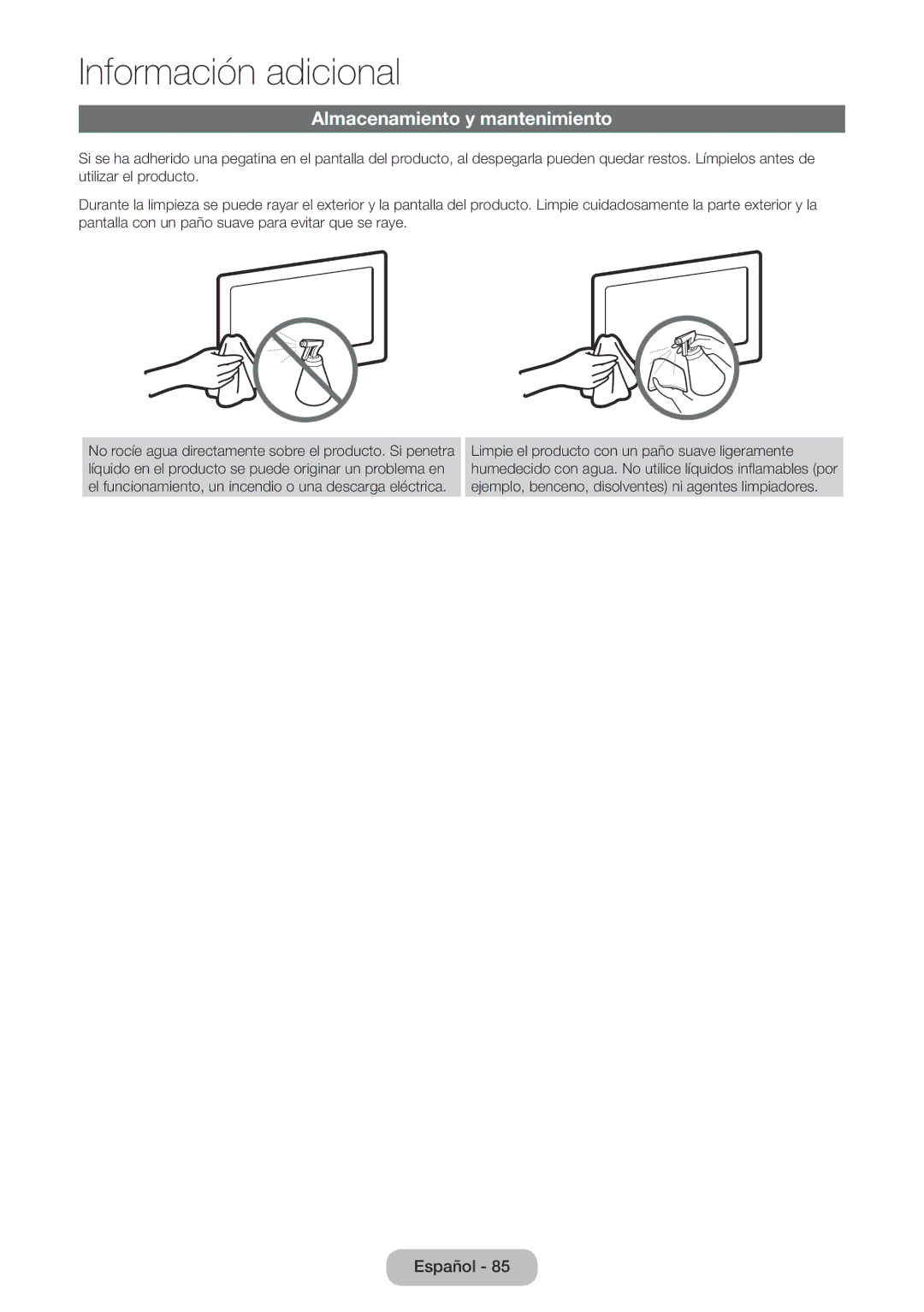 Samsung LT24E390EW/EN, LT22E390EW/EN manual Almacenamiento y mantenimiento 