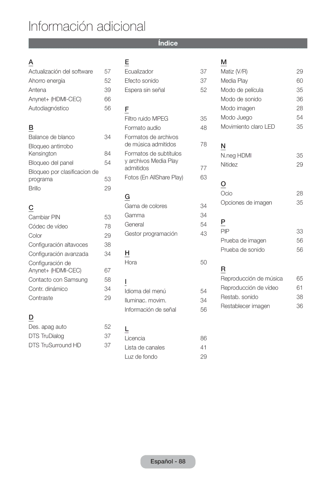 Samsung LT22E390EW/EN, LT24E390EW/EN manual Índice 