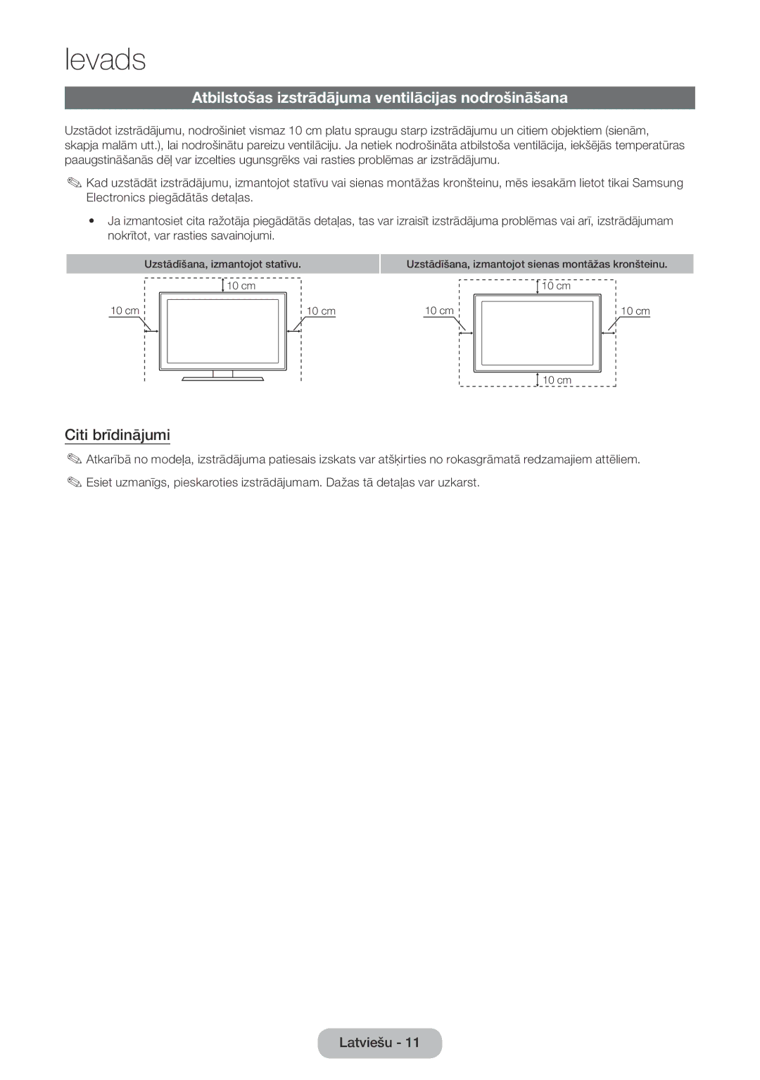 Samsung LT24E390EW/EN, LT22E390EW/EN manual Atbilstošas izstrādājuma ventilācijas nodrošināšana, Citi brīdinājumi 