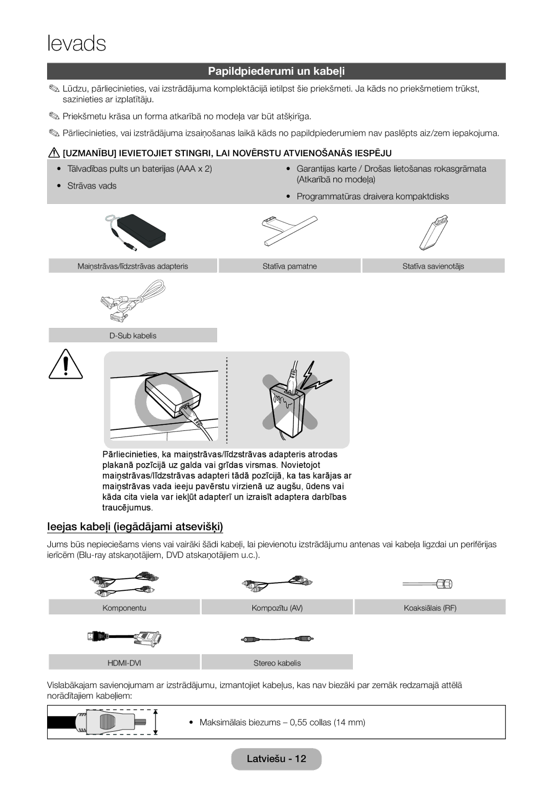 Samsung LT22E390EW/EN Papildpiederumi un kabeļi, Ieejas kabeļi iegādājami atsevišķi, Tālvadības pults un baterijas AAA x 