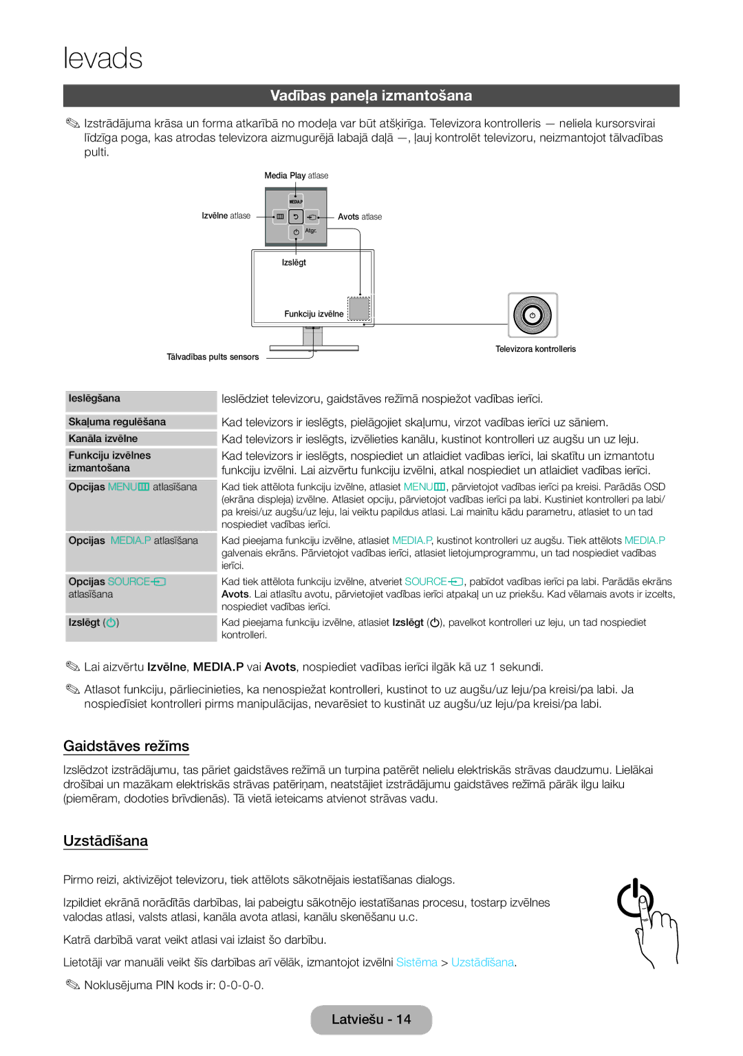 Samsung LT22E390EW/EN, LT24E390EW/EN manual Vadības paneļa izmantošana, Gaidstāves režīms, Uzstādīšana 