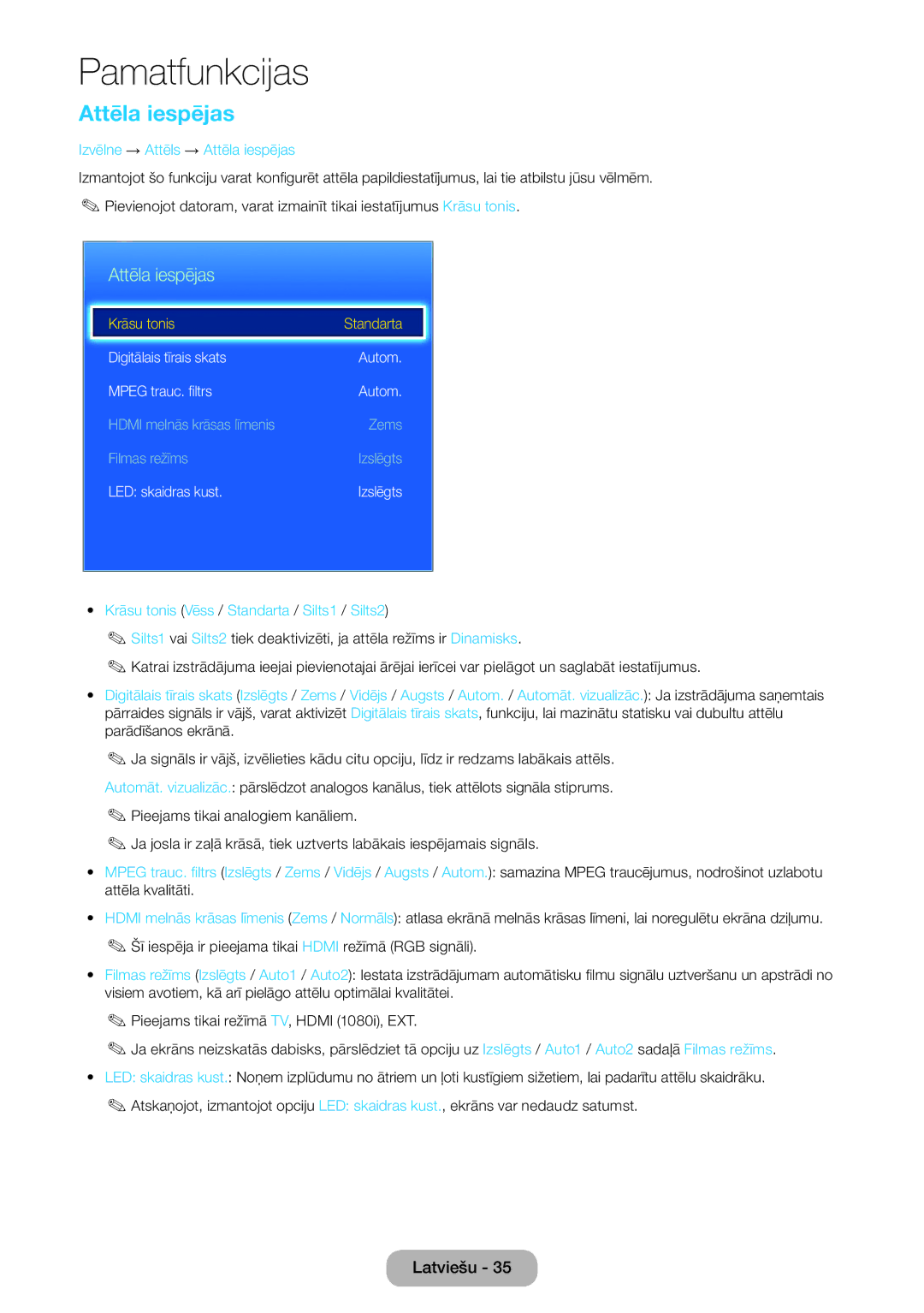 Samsung LT24E390EW/EN manual Izvēlne → Attēls → Attēla iespējas, Krāsu tonis Vēss / Standarta / Silts1 / Silts2 