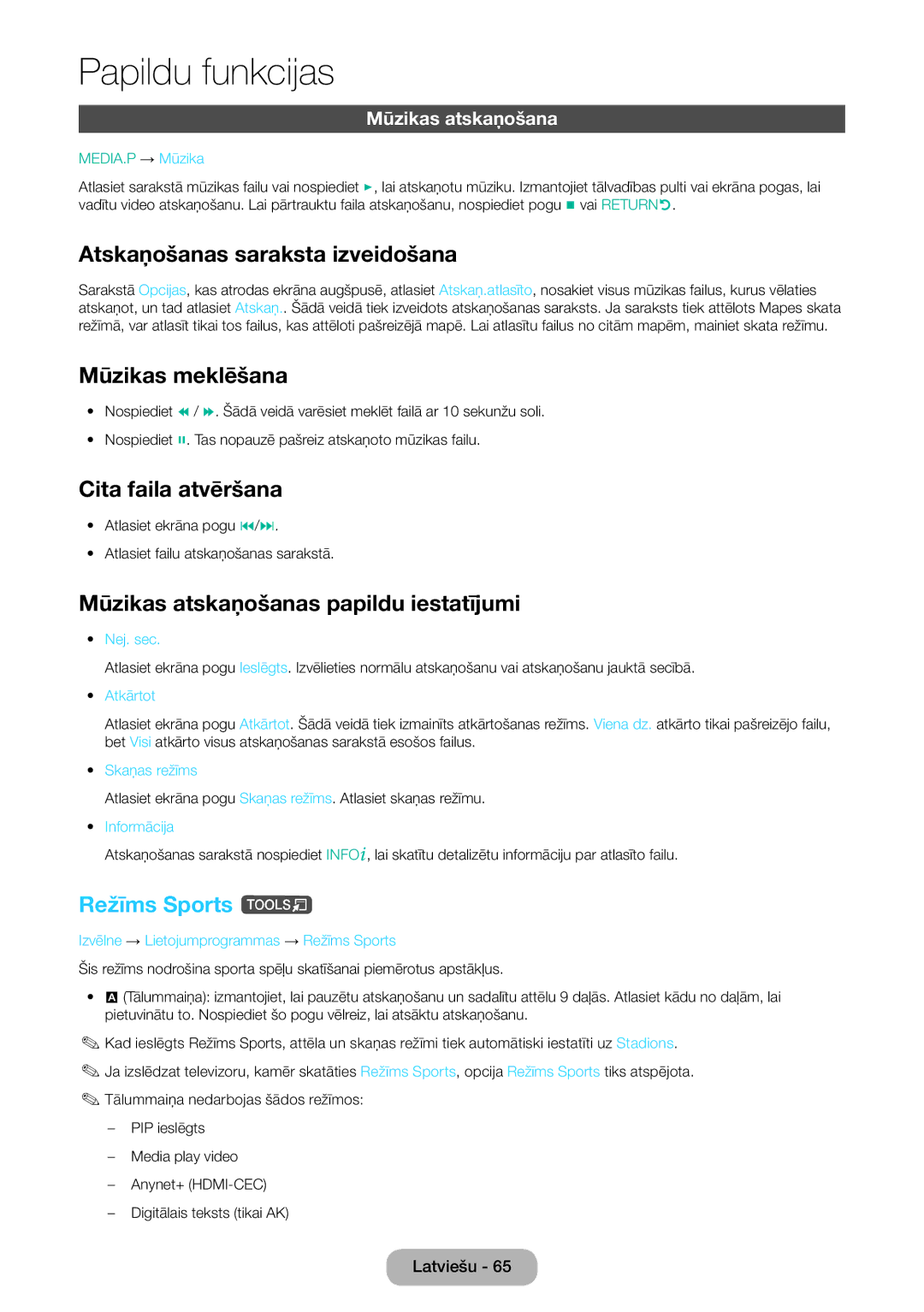 Samsung LT24E390EW/EN, LT22E390EW/EN manual Mūzikas meklēšana, Mūzikas atskaņošanas papildu iestatījumi, Režīms Sports t 