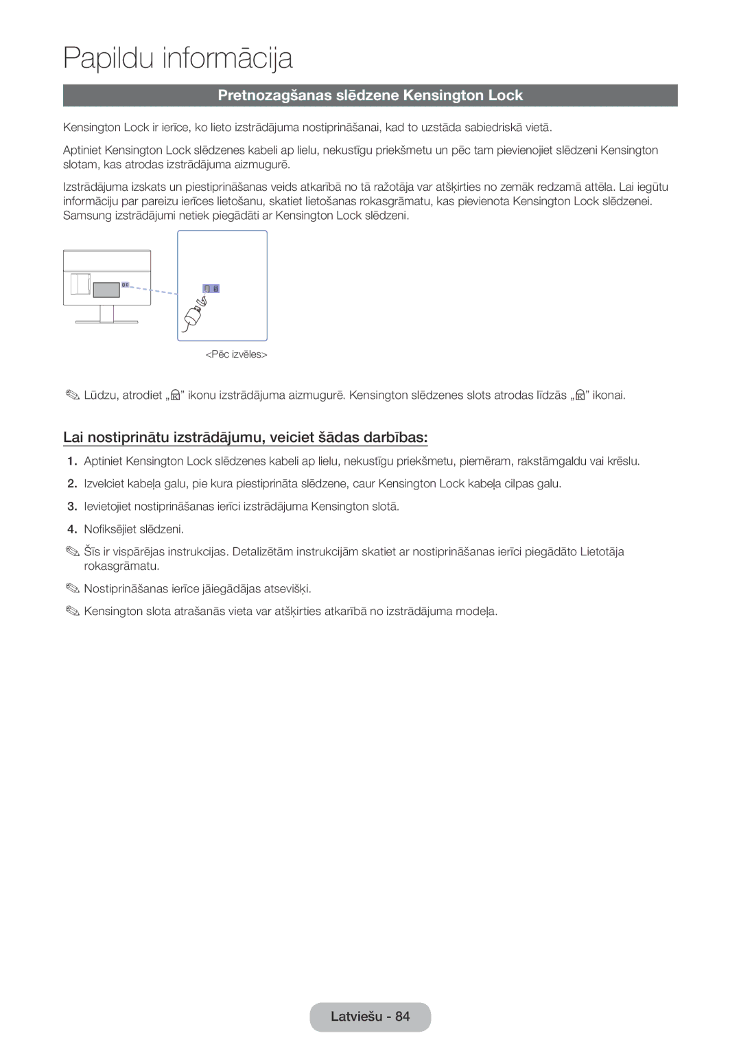 Samsung LT22E390EW/EN manual Pretnozagšanas slēdzene Kensington Lock, Lai nostiprinātu izstrādājumu, veiciet šādas darbības 