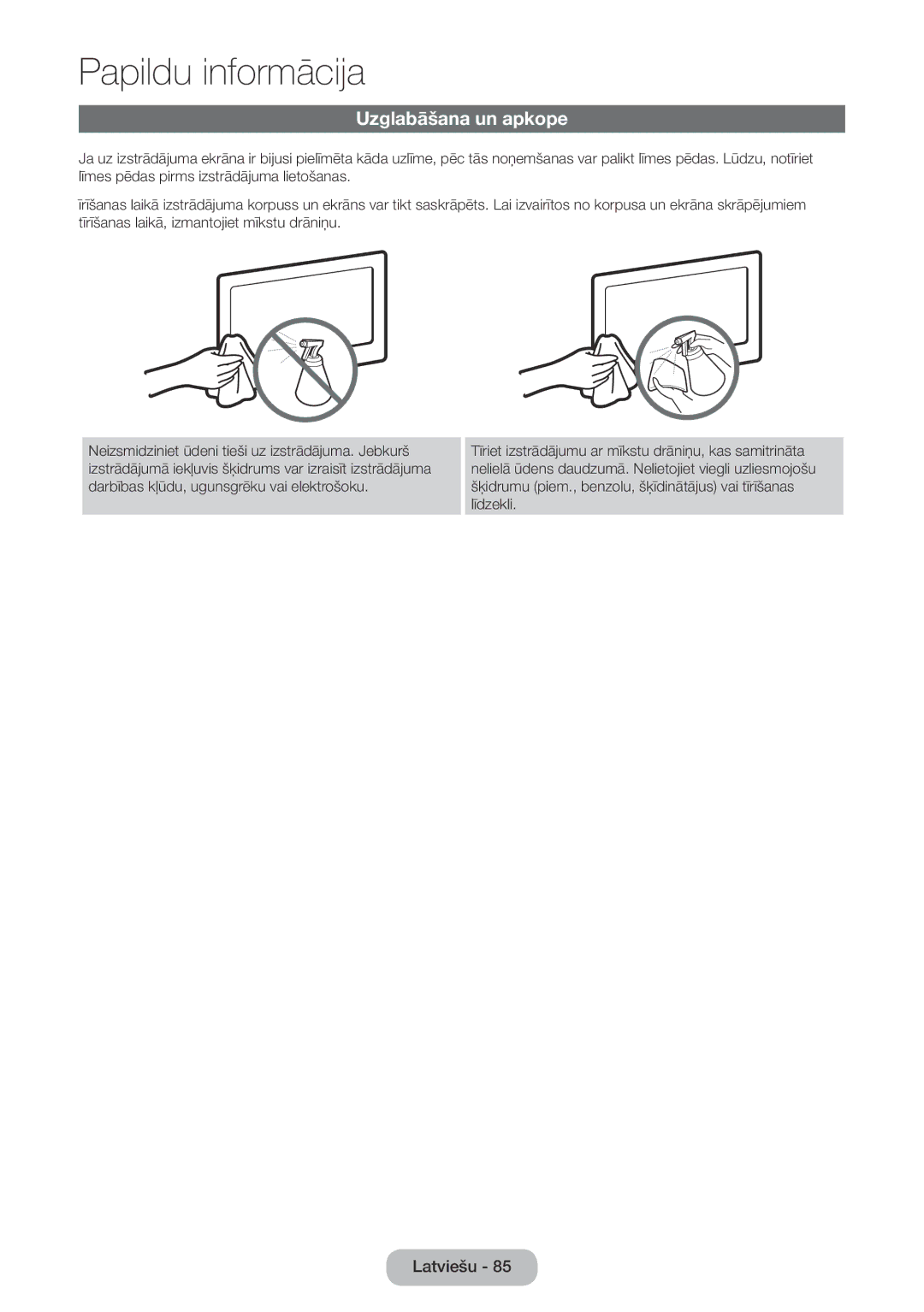 Samsung LT24E390EW/EN, LT22E390EW/EN manual Uzglabāšana un apkope 