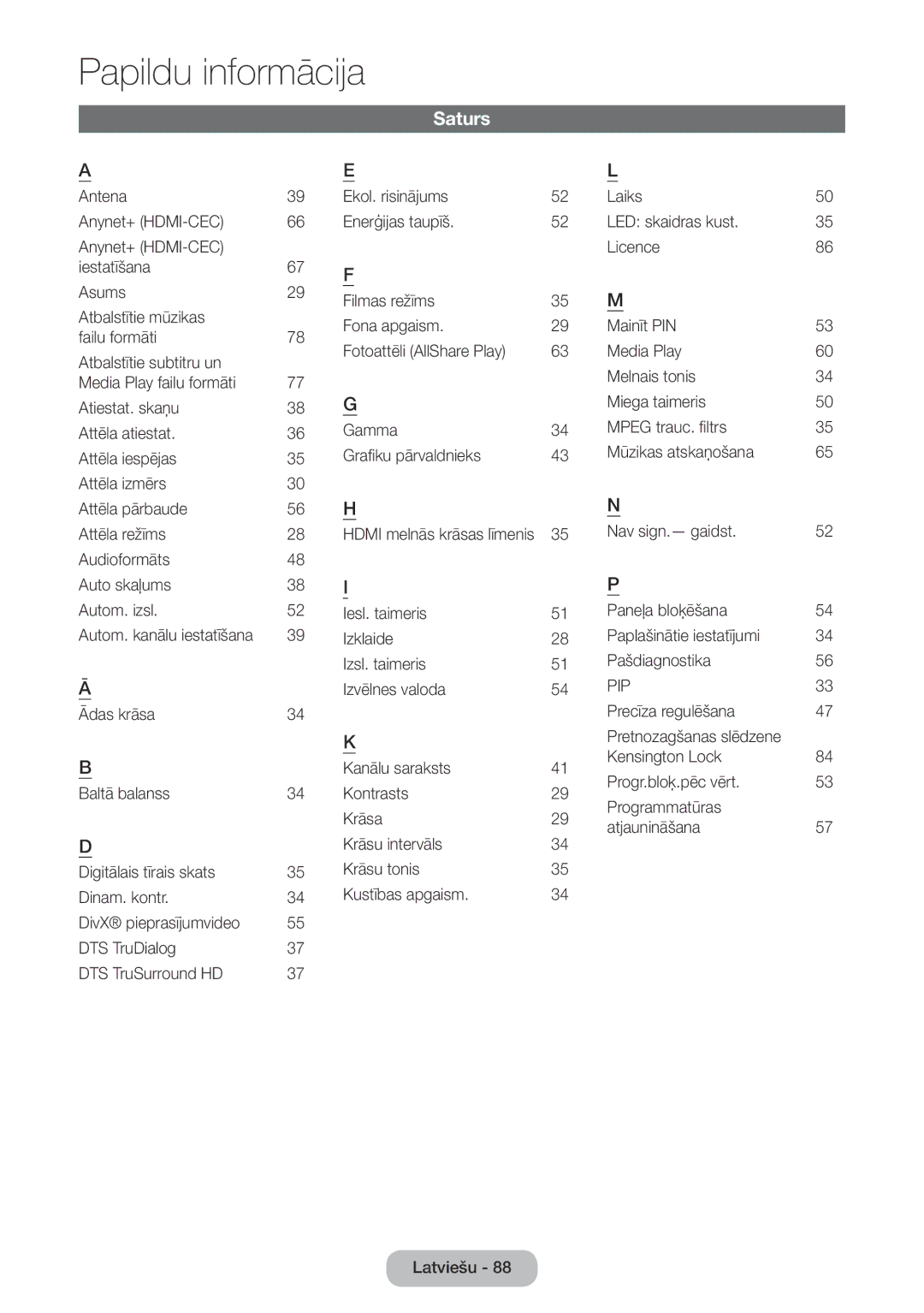 Samsung LT22E390EW/EN Saturs, 67 F, Anynet+ HDMI-CEC iestatīšana, Hdmi melnās krāsas līmenis, Pretnozagšanas slēdzene 