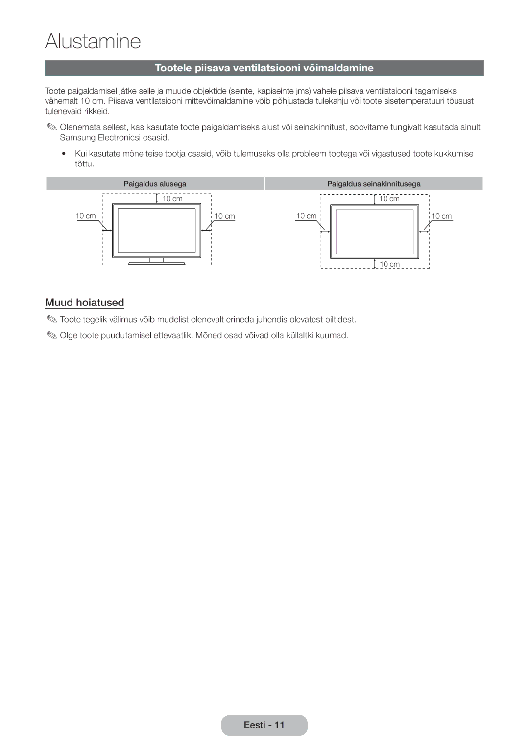 Samsung LT24E390EW/EN, LT22E390EW/EN manual Tootele piisava ventilatsiooni võimaldamine, Muud hoiatused 