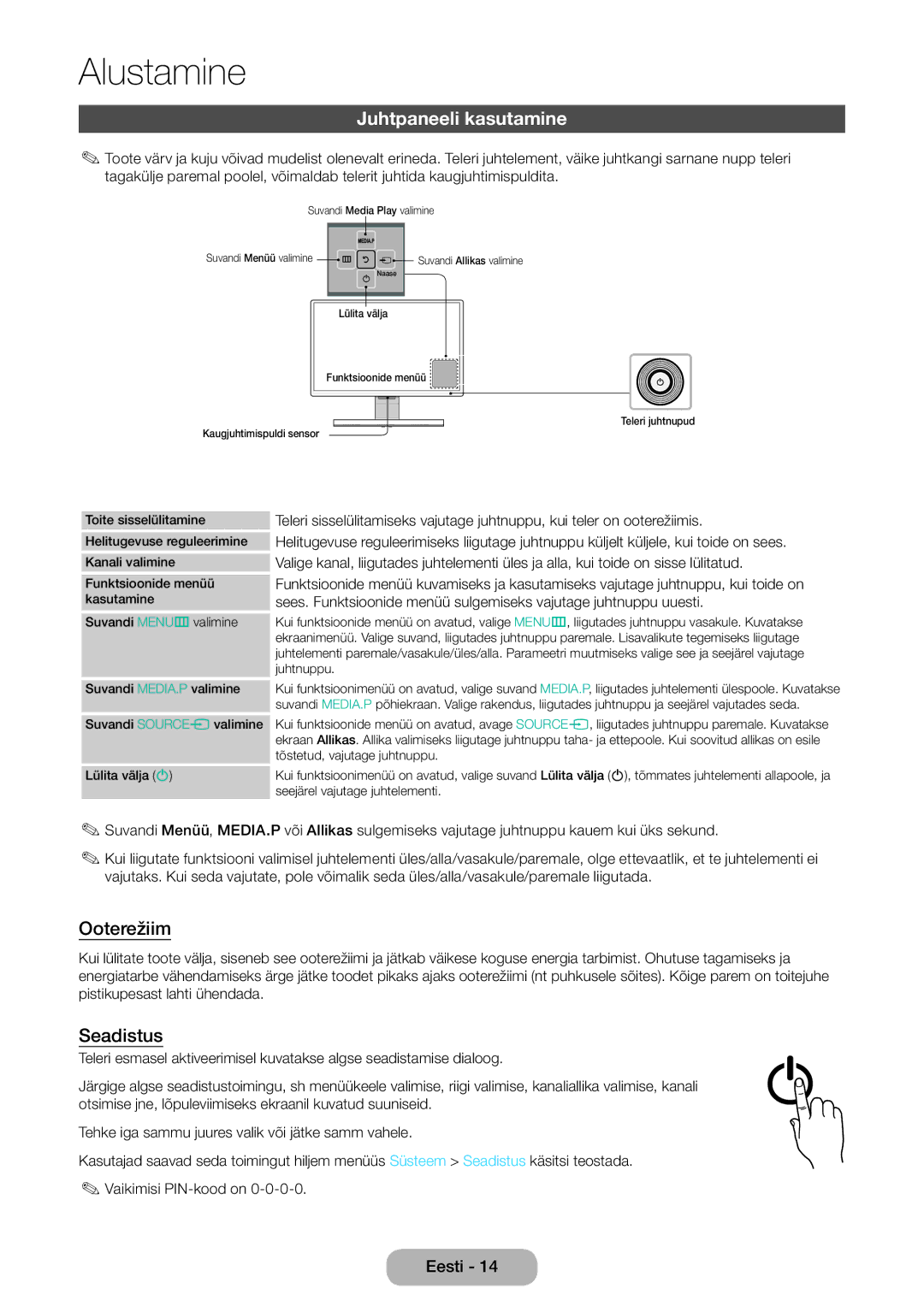 Samsung LT22E390EW/EN, LT24E390EW/EN manual Juhtpaneeli kasutamine, Ooterežiim, Seadistus 