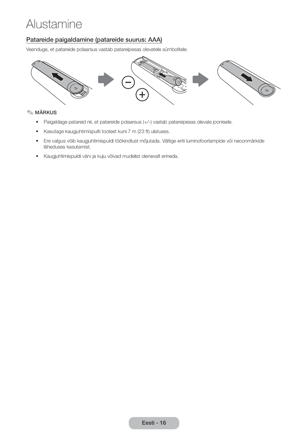 Samsung LT22E390EW/EN, LT24E390EW/EN manual Patareide paigaldamine patareide suurus AAA, Märkus 