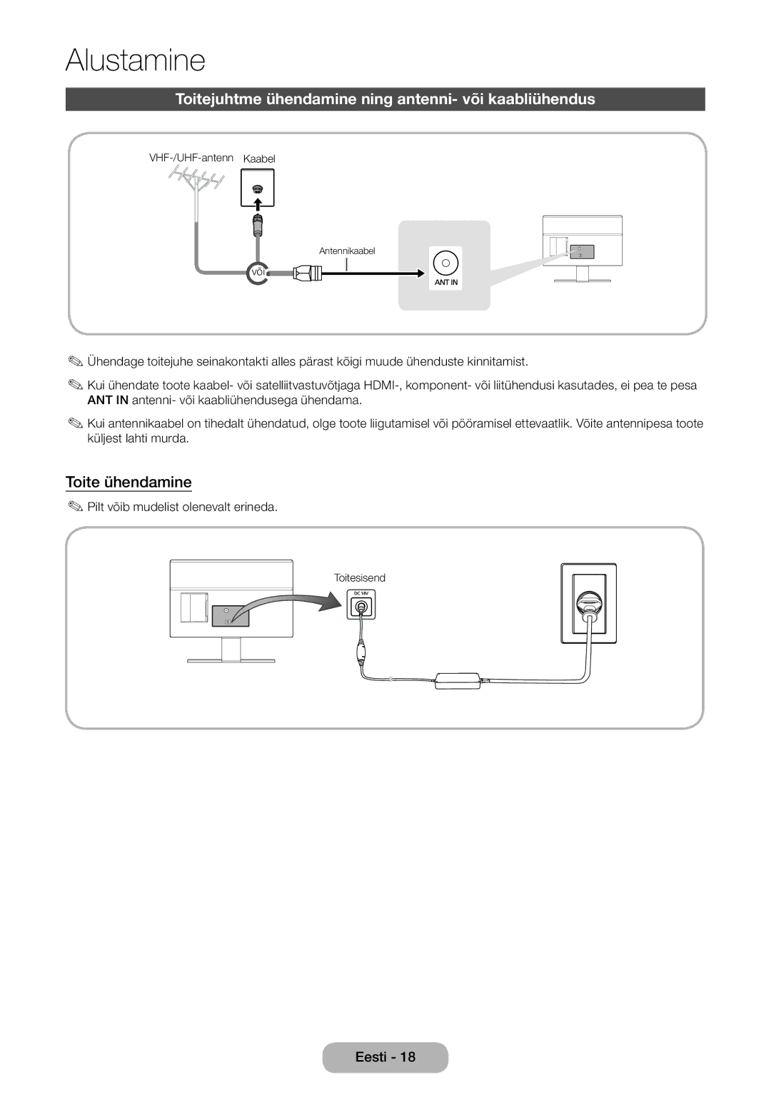 Samsung LT22E390EW/EN, LT24E390EW/EN manual Toitejuhtme ühendamine ning antenni- või kaabliühendus, Toite ühendamine 