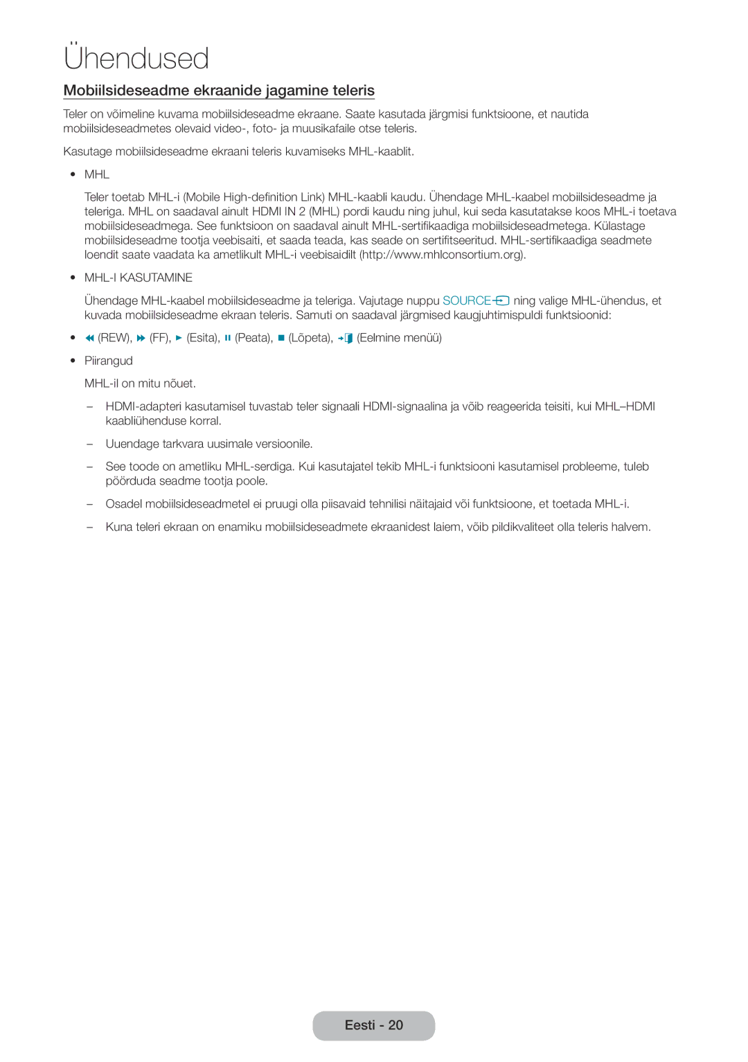 Samsung LT22E390EW/EN, LT24E390EW/EN manual Mobiilsideseadme ekraanide jagamine teleris, MHL-I Kasutamine 