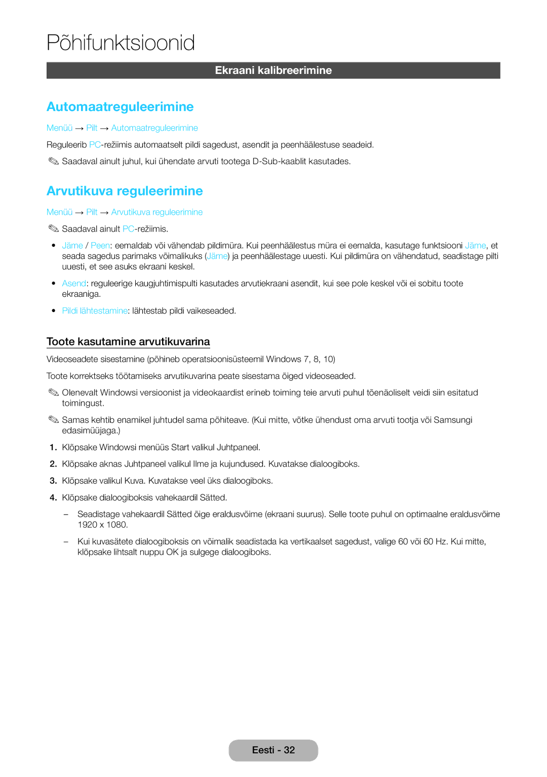 Samsung LT22E390EW/EN, LT24E390EW/EN manual Automaatreguleerimine, Arvutikuva reguleerimine, Ekraani kalibreerimine 