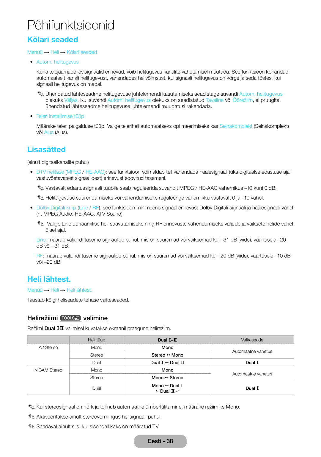 Samsung LT22E390EW/EN, LT24E390EW/EN manual Kõlari seaded, Lisasätted, Heli lähtest, Helirežiimi t valimine 