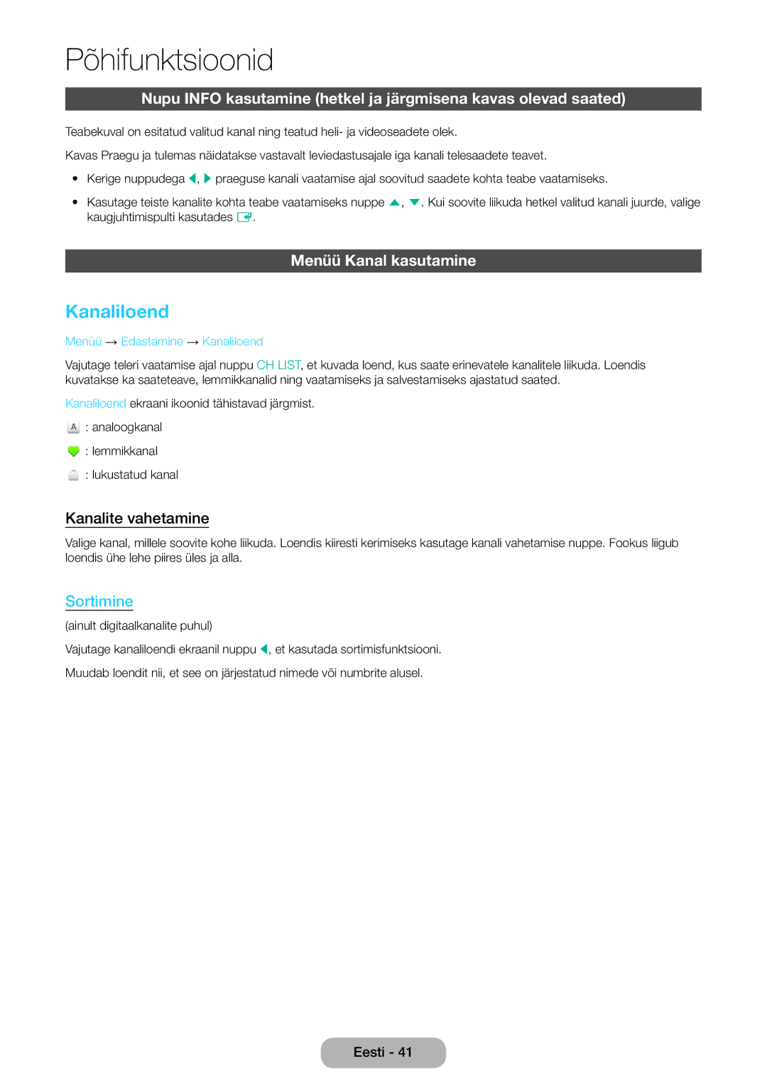 Samsung LT24E390EW/EN, LT22E390EW/EN Menüü Kanal kasutamine, Kanalite vahetamine, Menüü → Edastamine → Kanaliloend 