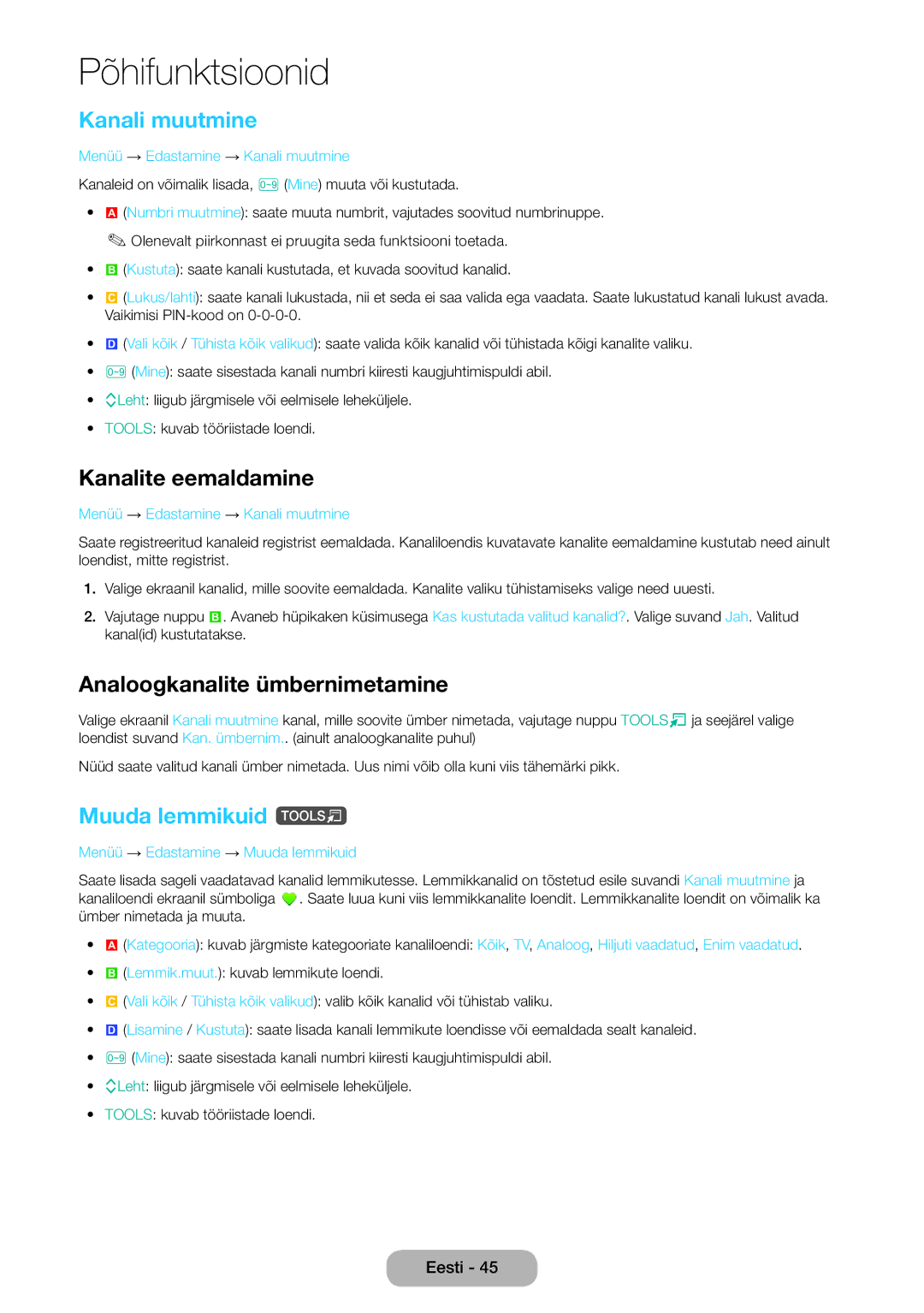 Samsung LT24E390EW/EN manual Kanali muutmine, Kanalite eemaldamine, Analoogkanalite ümbernimetamine, Muuda lemmikuid t 