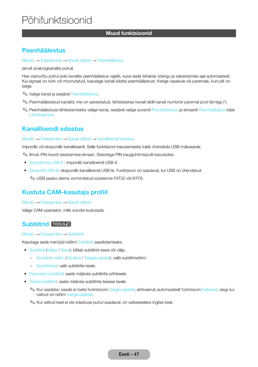 Samsung LT24E390EW/EN Peenhäälestus, Kanaliloendi edastus, Kustuta CAM-kasutaja profiil, Subtiitrid t, Muud funktsioonid 