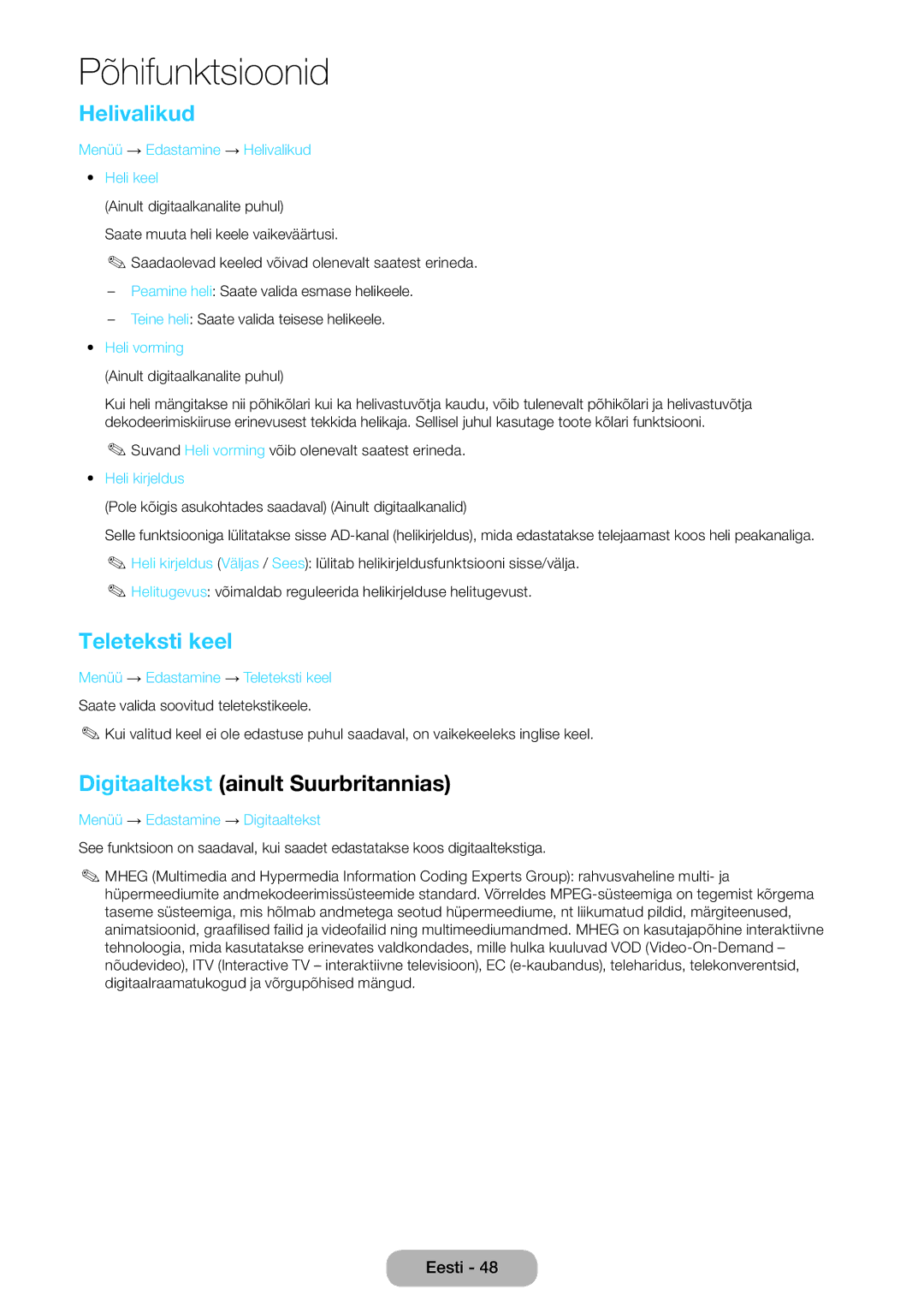 Samsung LT22E390EW/EN, LT24E390EW/EN manual Helivalikud, Teleteksti keel, Digitaaltekst ainult Suurbritannias 