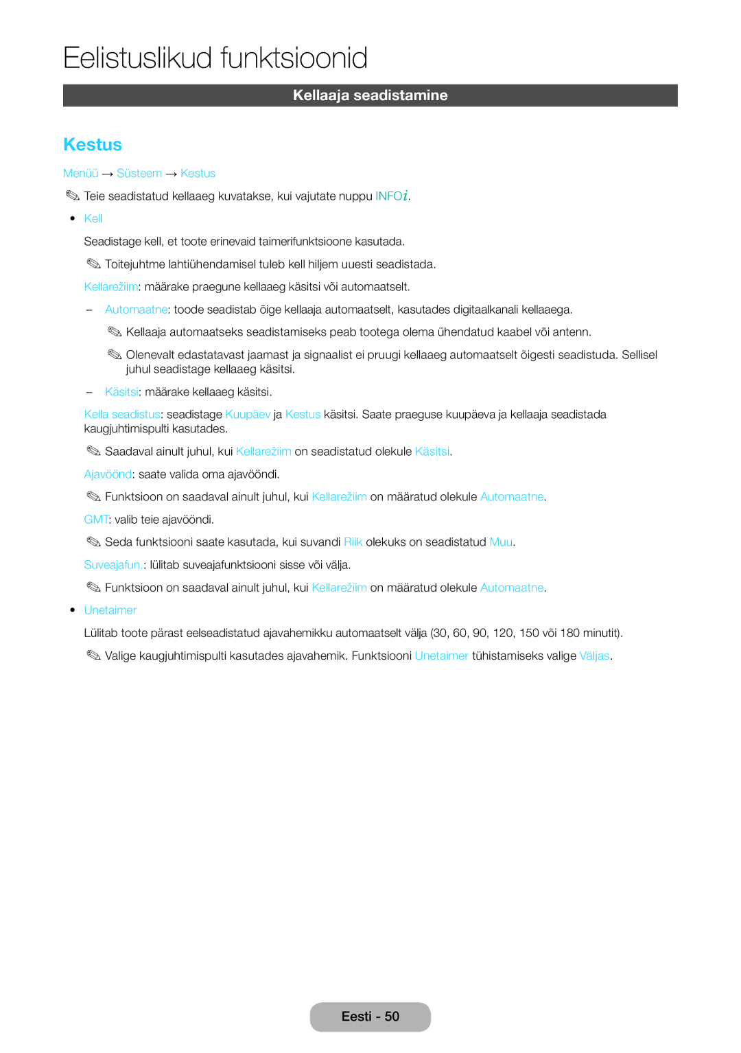 Samsung LT22E390EW/EN, LT24E390EW/EN manual Kellaaja seadistamine, Menüü → Süsteem → Kestus, Unetaimer 