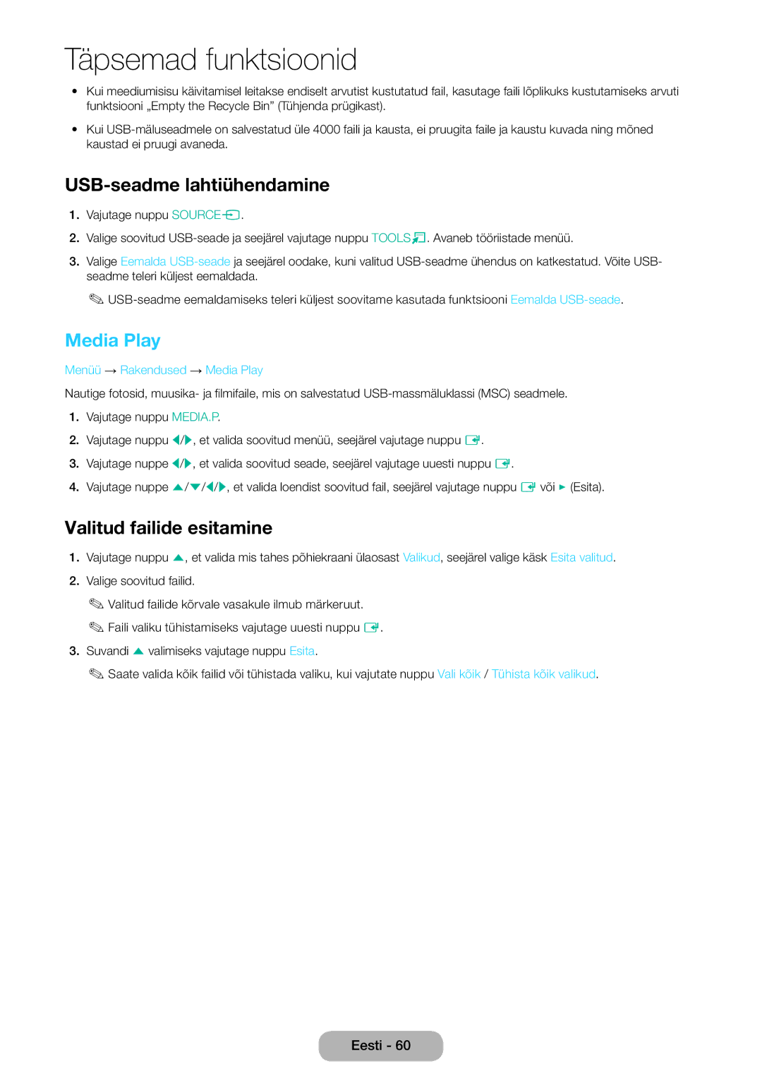 Samsung LT22E390EW/EN manual USB-seadme lahtiühendamine, Valitud failide esitamine, Menüü → Rakendused → Media Play 