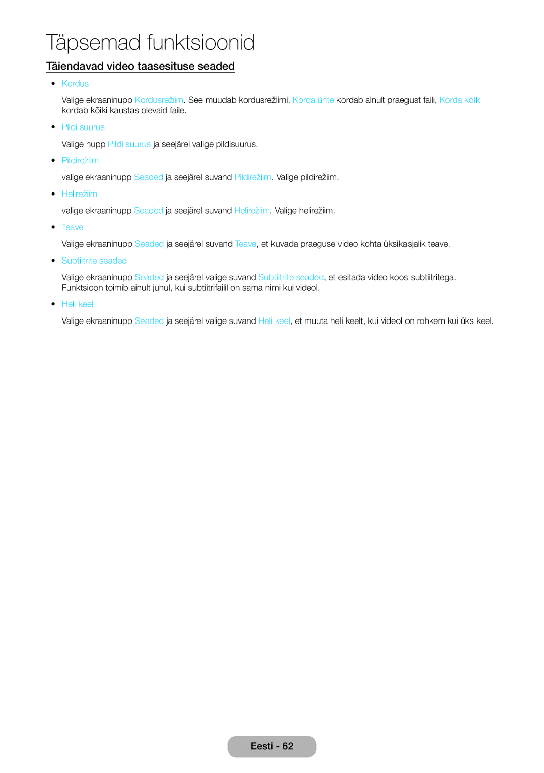 Samsung LT22E390EW/EN, LT24E390EW/EN manual Täiendavad video taasesituse seaded 